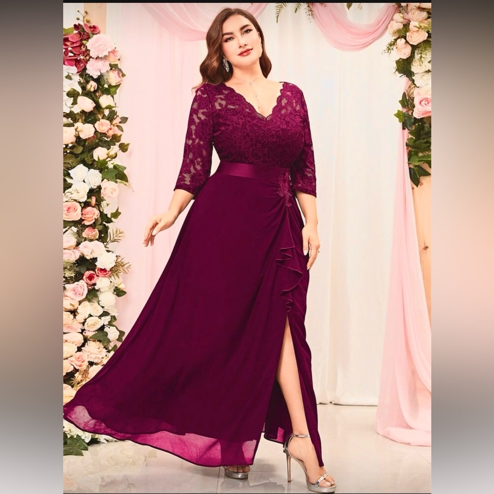 Elegant Maroon Lace Ruffle Evening Gown 3/4 Long Sleeve Plus Size 2X